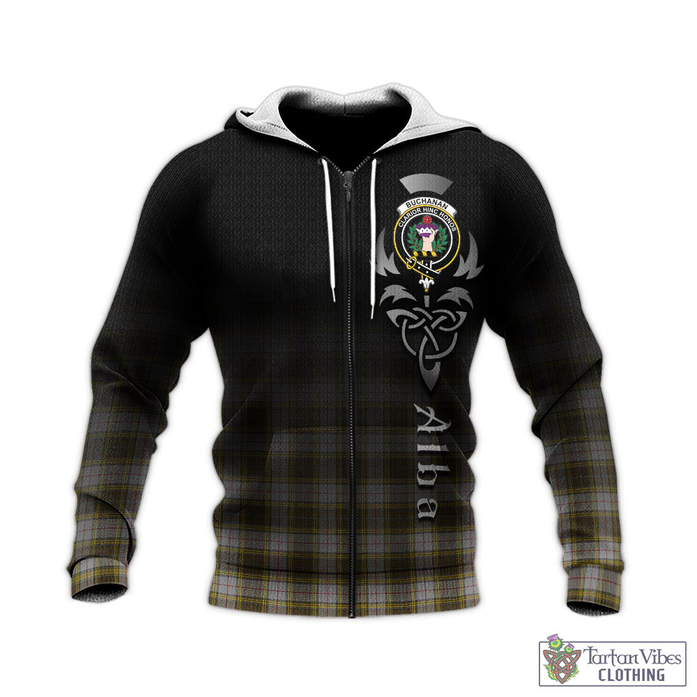 Tartan Vibes Clothing Buchanan Dress Tartan Knitted Hoodie Featuring Alba Gu Brath Family Crest Celtic Inspired