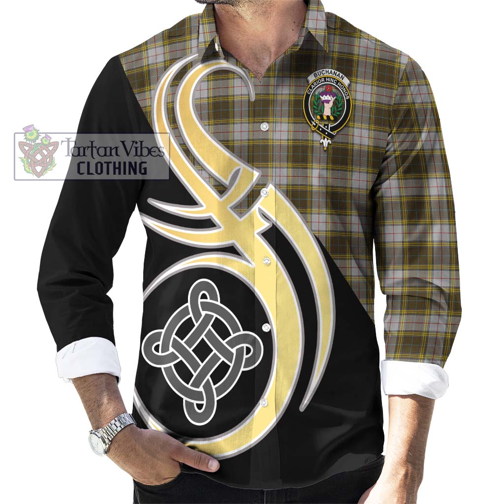 Buchanan Dress Tartan Long Sleeve Button Shirt with Family Crest and Celtic Symbol Style - Tartan Vibes Clothing