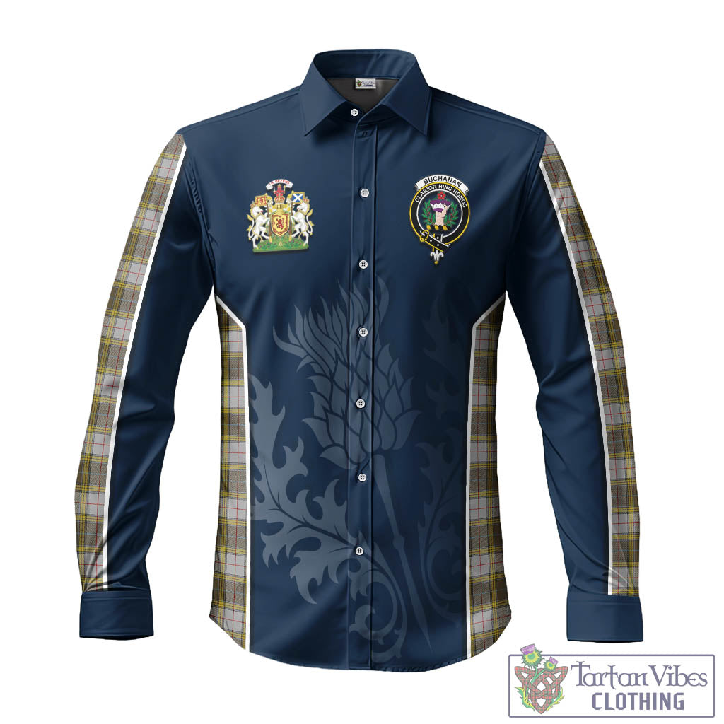 Tartan Vibes Clothing Buchanan Dress Tartan Long Sleeve Button Up Shirt with Family Crest and Scottish Thistle Vibes Sport Style