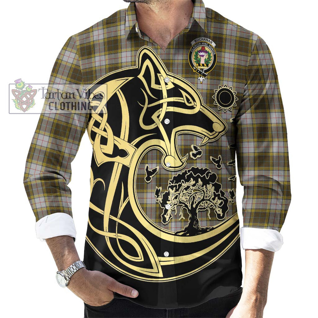 Buchanan Dress Tartan Long Sleeve Button Shirt with Family Crest Celtic Wolf Style - Tartan Vibes Clothing