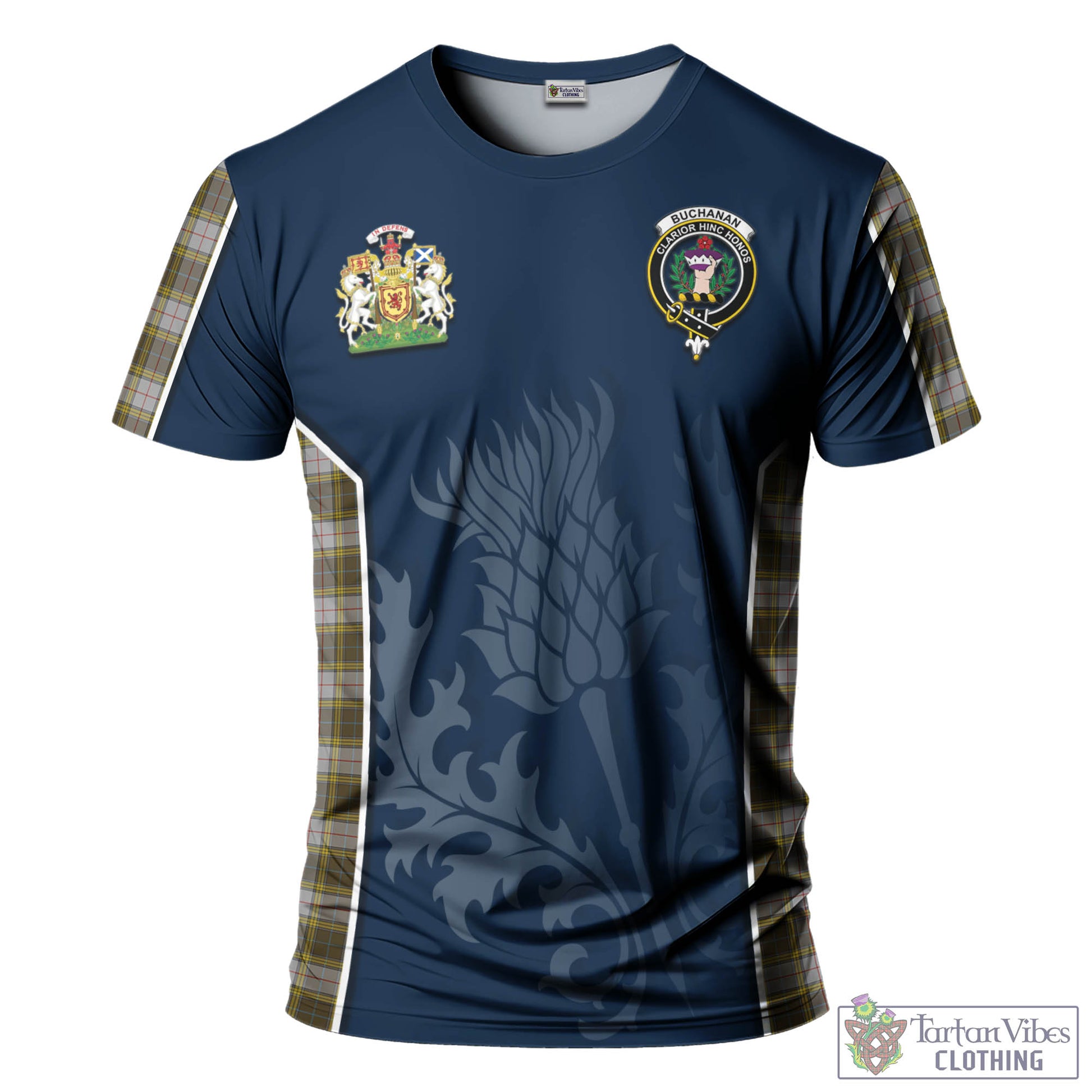 Tartan Vibes Clothing Buchanan Dress Tartan T-Shirt with Family Crest and Scottish Thistle Vibes Sport Style