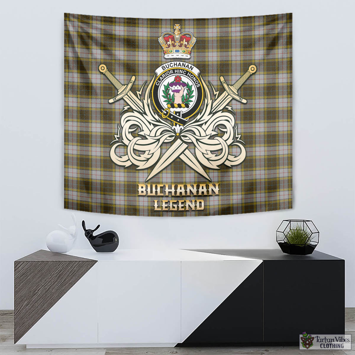 Tartan Vibes Clothing Buchanan Dress Tartan Tapestry with Clan Crest and the Golden Sword of Courageous Legacy