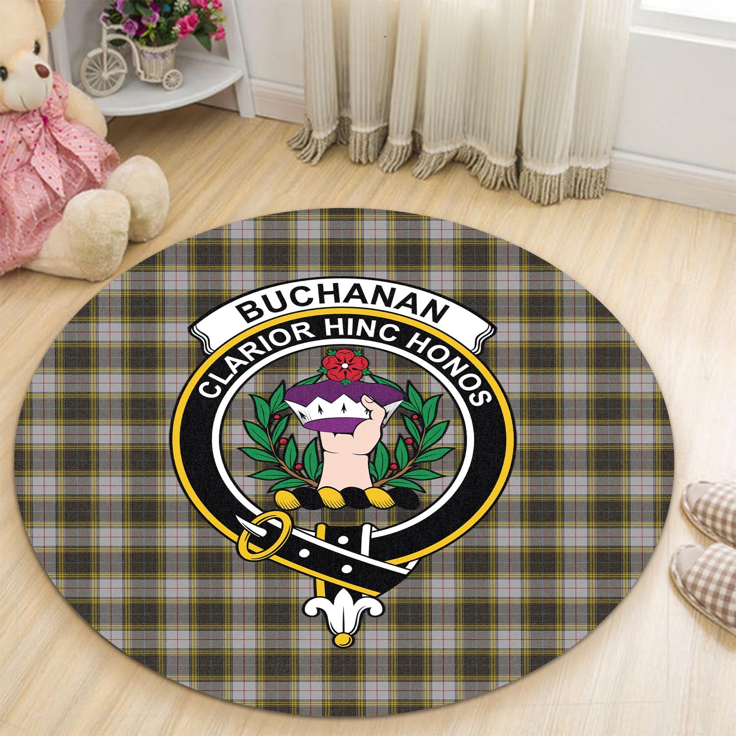 Buchanan Dress Tartan Round Rug with Family Crest - Tartanvibesclothing