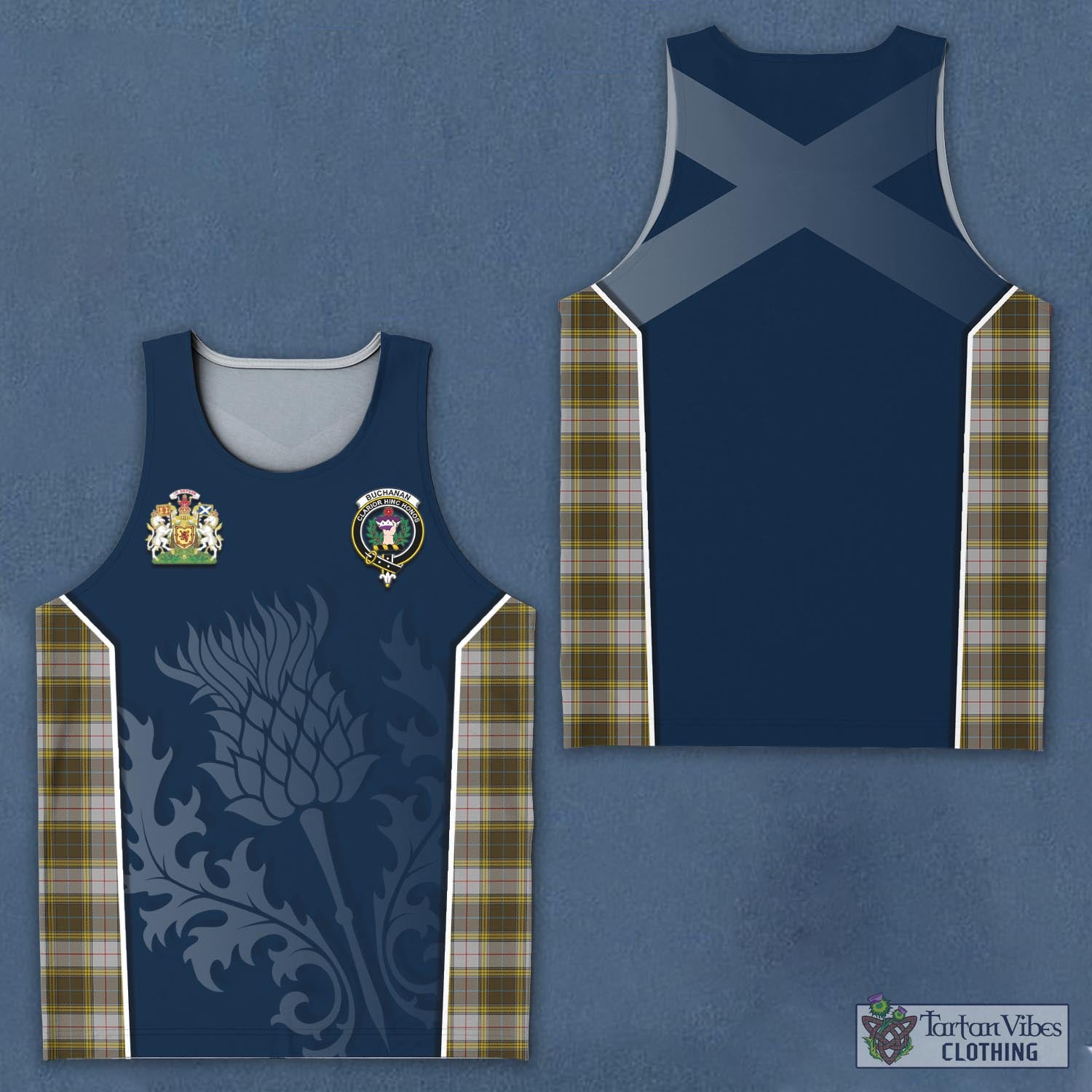 Tartan Vibes Clothing Buchanan Dress Tartan Men's Tanks Top with Family Crest and Scottish Thistle Vibes Sport Style