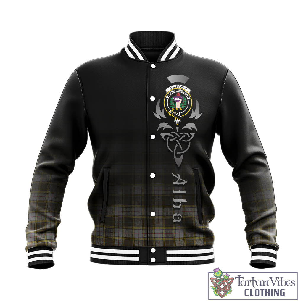 Tartan Vibes Clothing Buchanan Dress Tartan Baseball Jacket Featuring Alba Gu Brath Family Crest Celtic Inspired