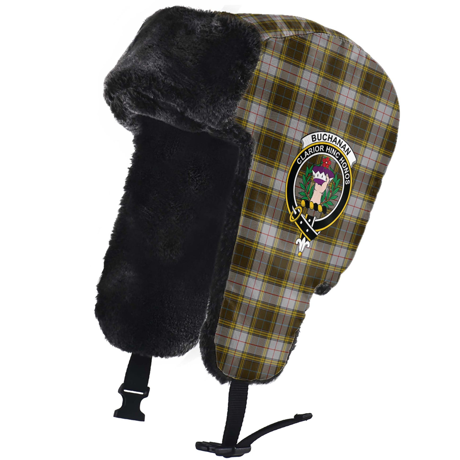 Buchanan Dress Tartan Winter Trapper Hat with Family Crest - Tartanvibesclothing