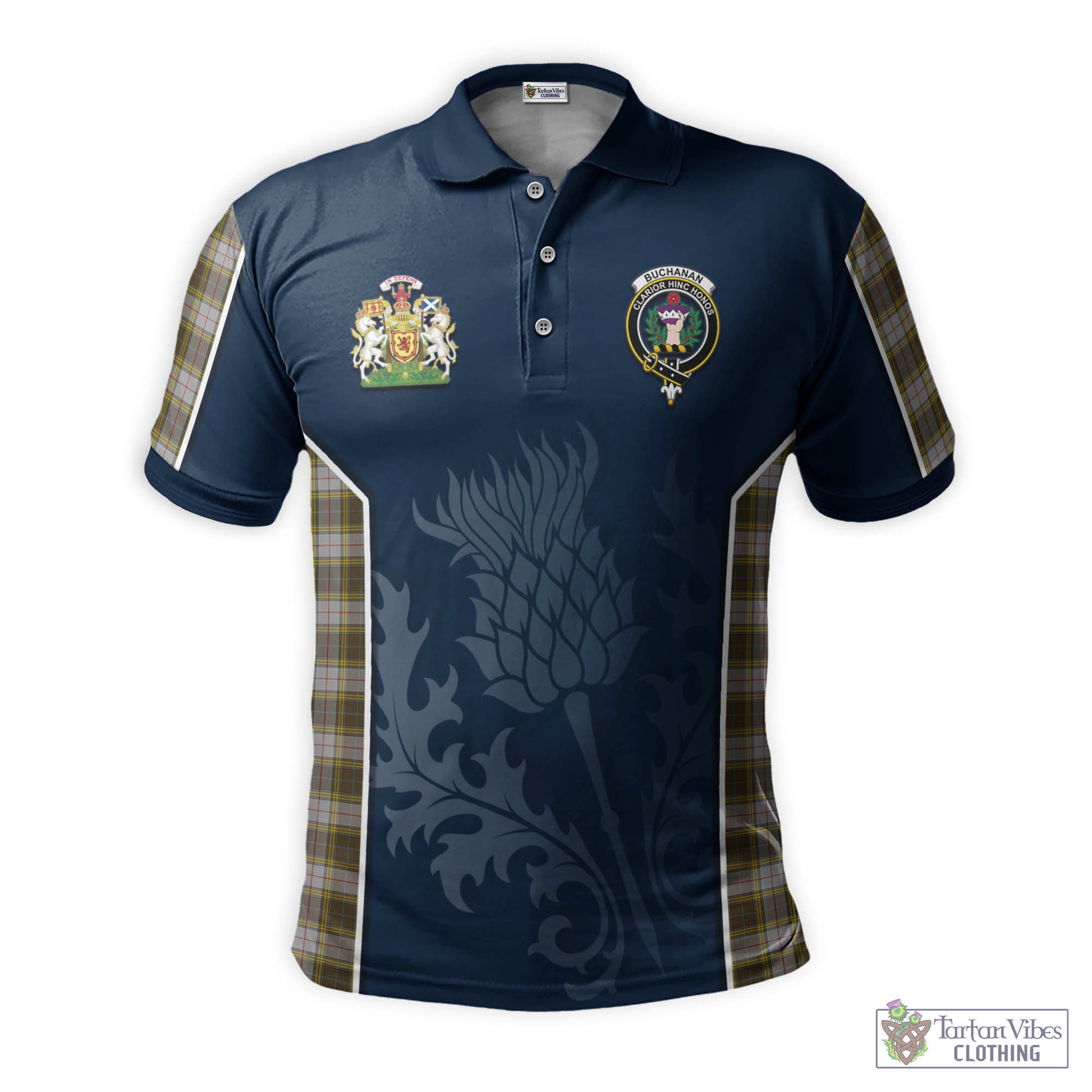 Tartan Vibes Clothing Buchanan Dress Tartan Men's Polo Shirt with Family Crest and Scottish Thistle Vibes Sport Style