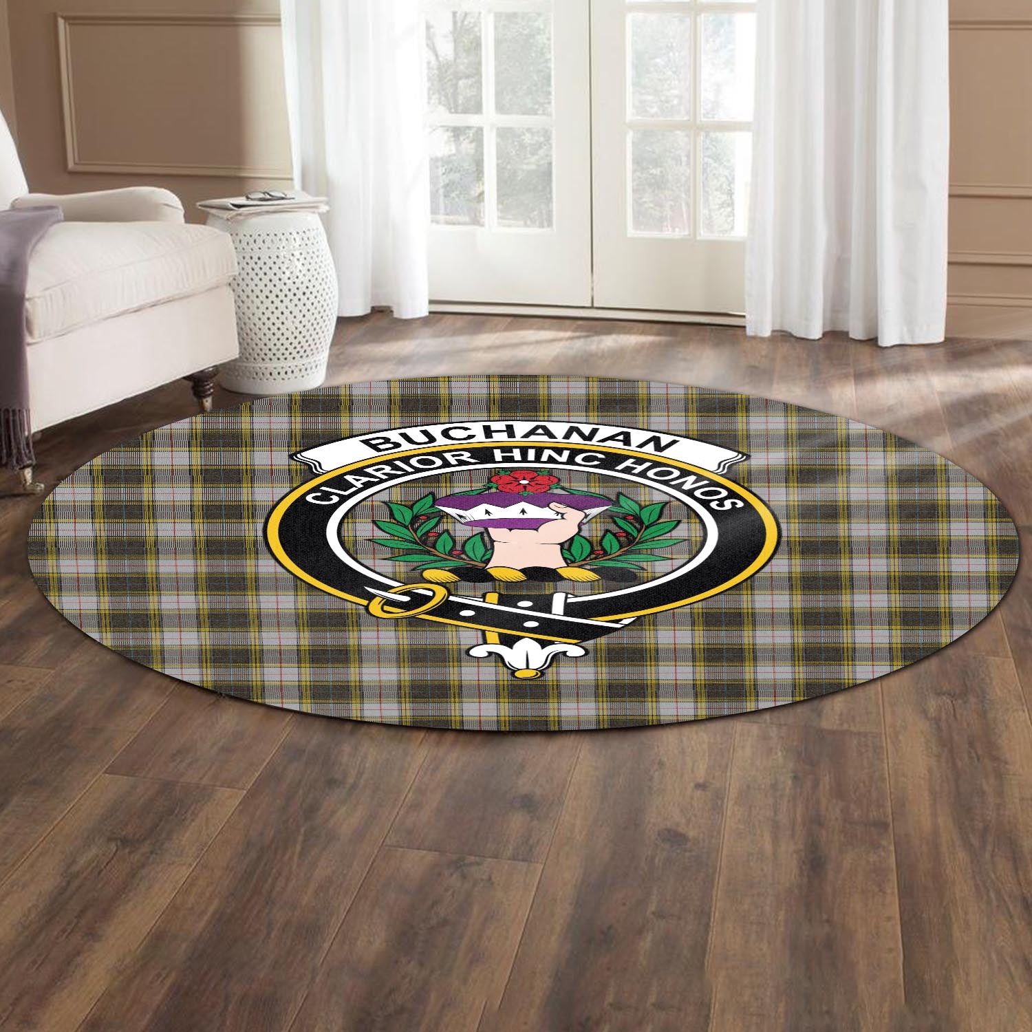 Buchanan Dress Tartan Round Rug with Family Crest - Tartanvibesclothing