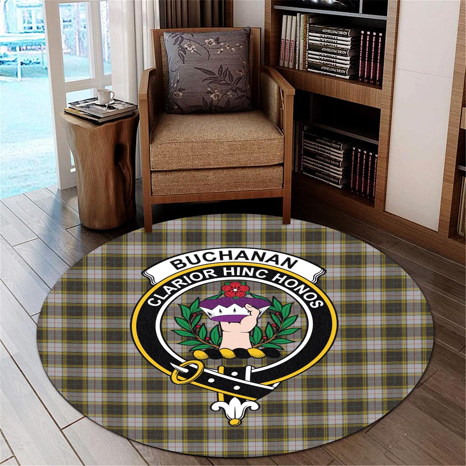 Buchanan Dress Tartan Round Rug with Family Crest - Tartanvibesclothing