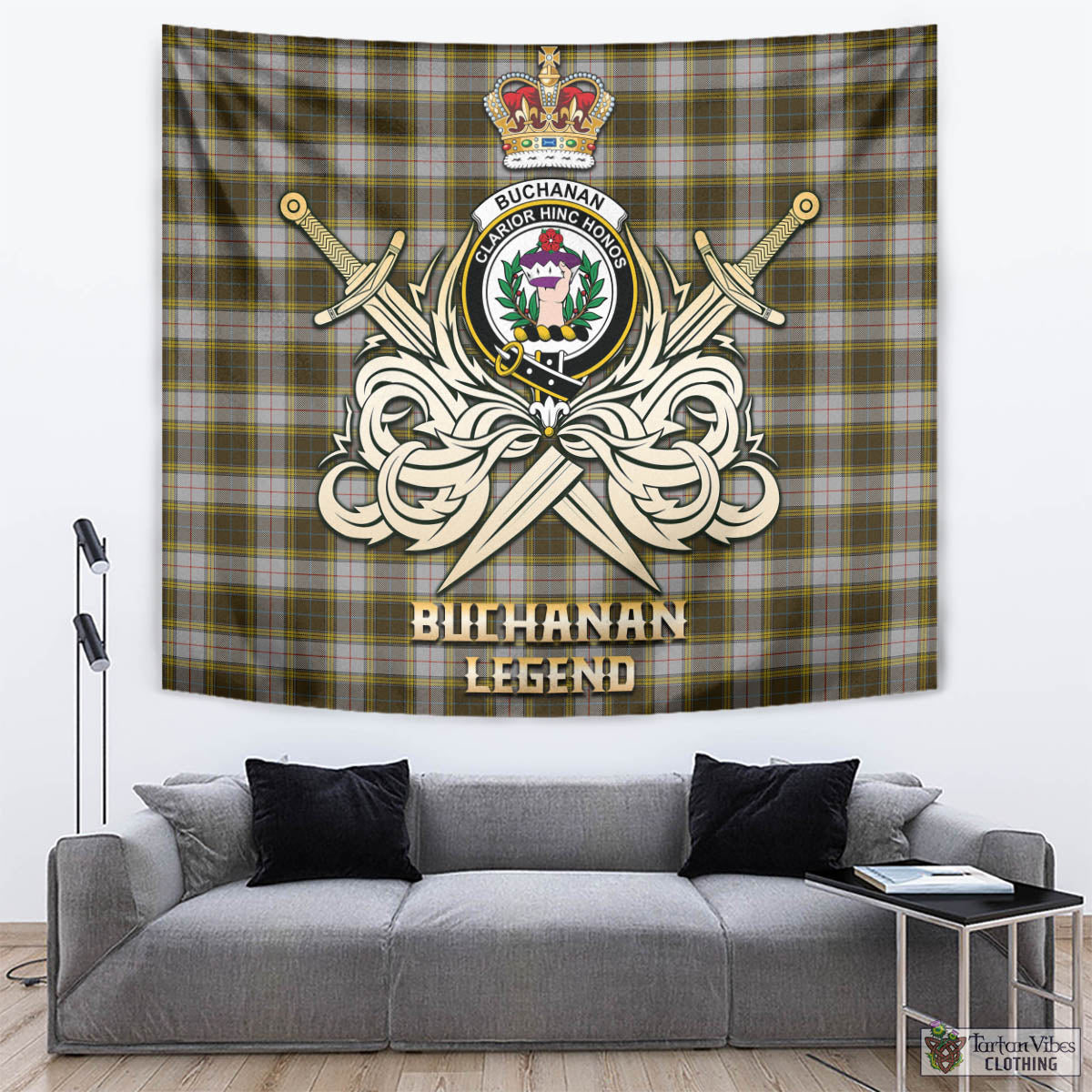 Tartan Vibes Clothing Buchanan Dress Tartan Tapestry with Clan Crest and the Golden Sword of Courageous Legacy