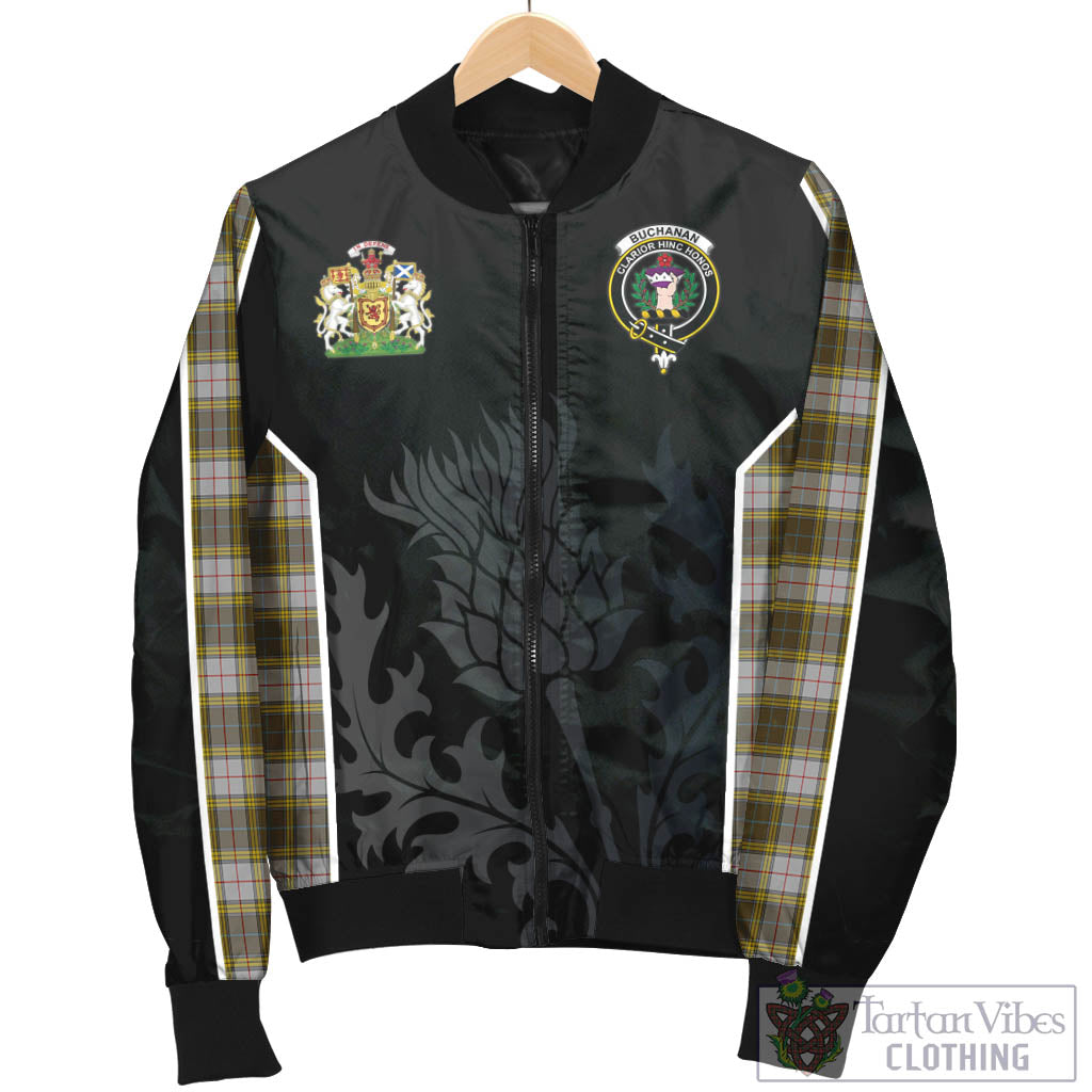 Tartan Vibes Clothing Buchanan Dress Tartan Bomber Jacket with Family Crest and Scottish Thistle Vibes Sport Style