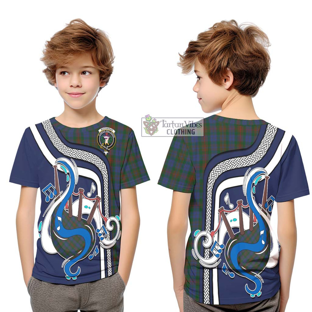 Tartan Vibes Clothing Buchanan Hunting Tartan Kid T-Shirt with Epic Bagpipe Style