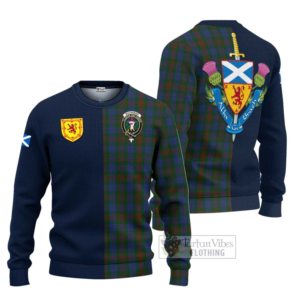 Tartan Vibes Clothing Buchanan Hunting Tartan Knitted Sweater with Scottish Lion Royal Arm Half Style