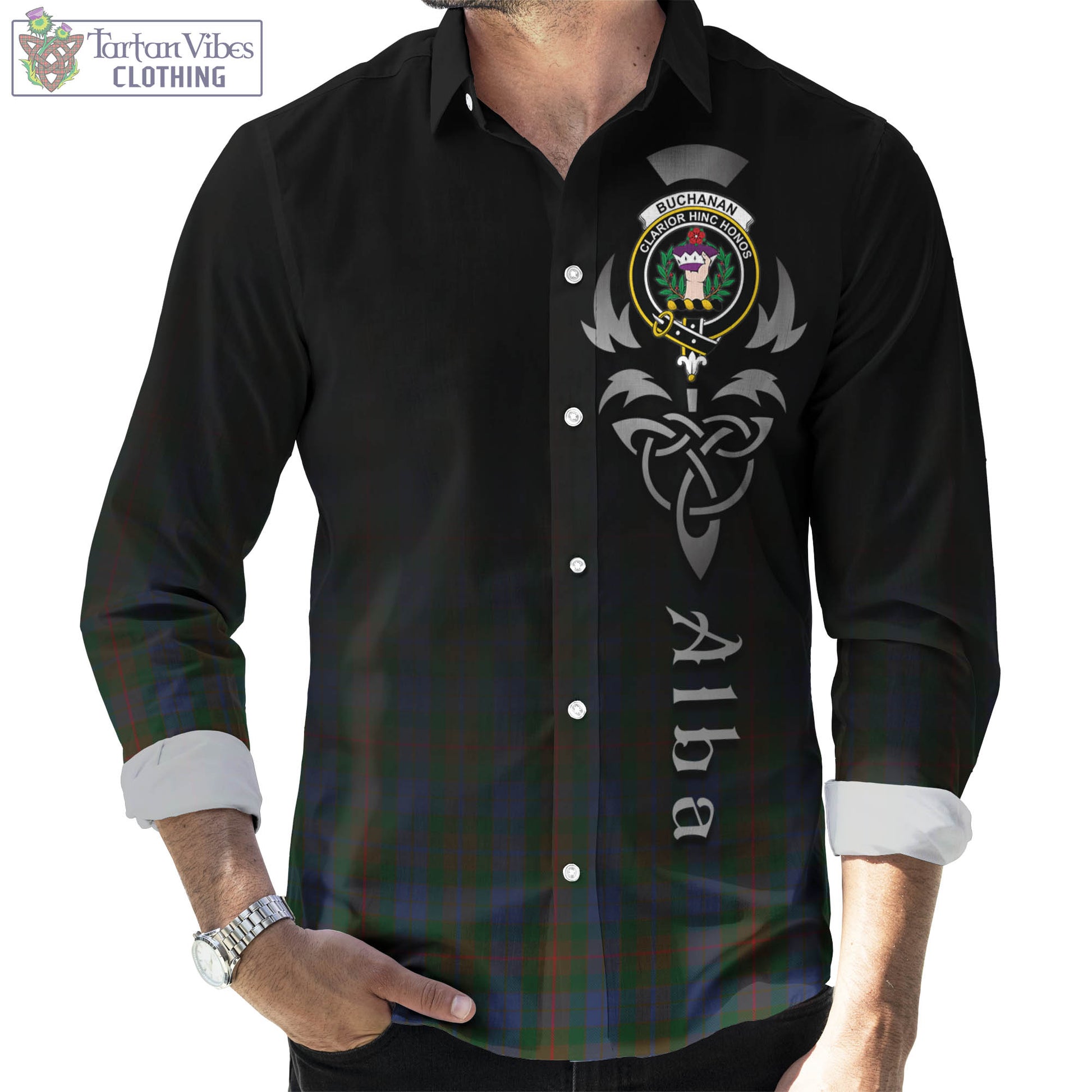 Tartan Vibes Clothing Buchanan Hunting Tartan Long Sleeve Button Up Featuring Alba Gu Brath Family Crest Celtic Inspired