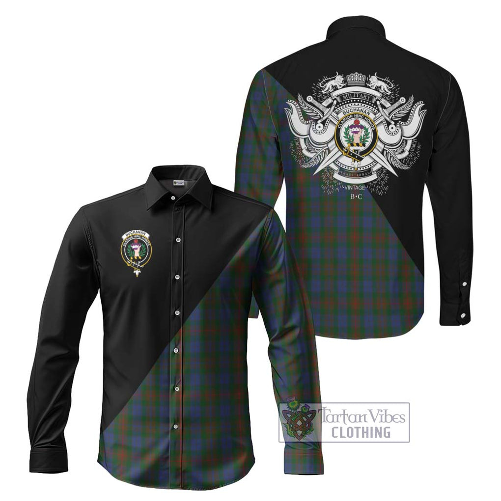 Buchanan Hunting Tartan Long Sleeve Button Shirt with Family Crest and Military Logo Style Men's Shirt S - Tartanvibesclothing Shop