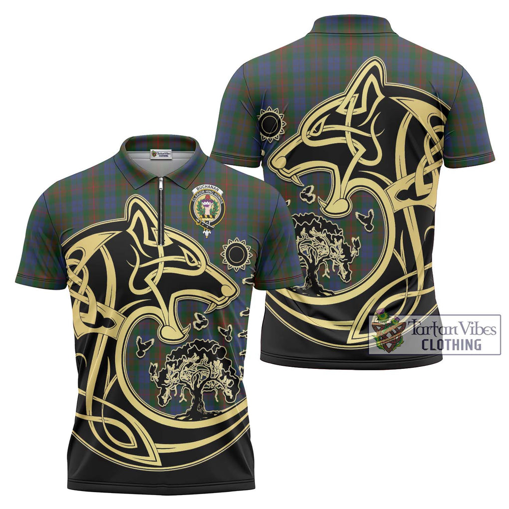 Buchanan Hunting Tartan Zipper Polo Shirt with Family Crest Celtic Wolf Style Unisex - Tartanvibesclothing Shop