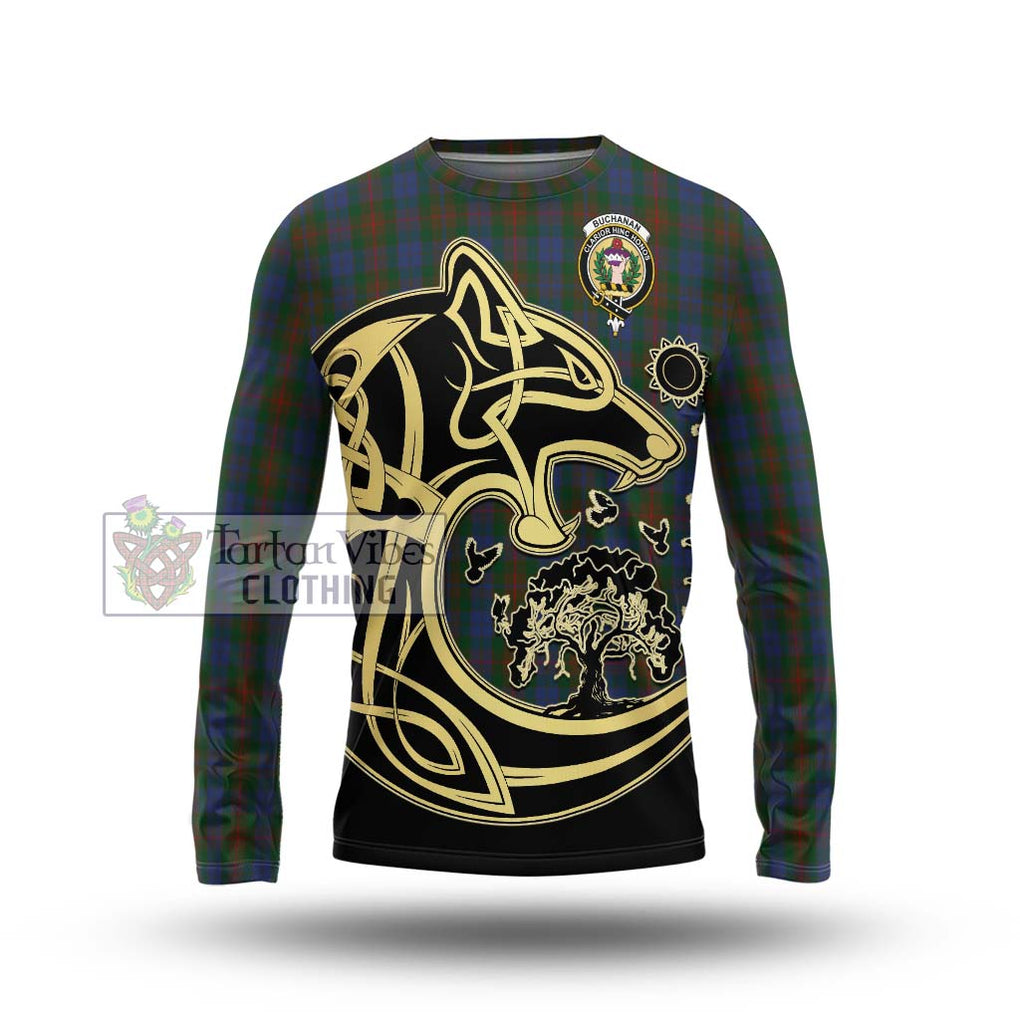 Buchanan Hunting Tartan Long Sleeve T-Shirt with Family Crest Celtic Wolf Style Unisex - Tartan Vibes Clothing