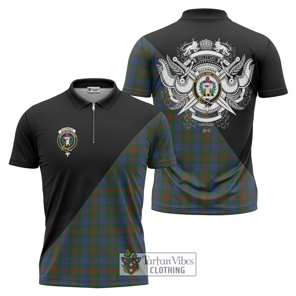 Buchanan Hunting Tartan Zipper Polo Shirt with Family Crest and Military Logo Style Unisex - Tartanvibesclothing Shop