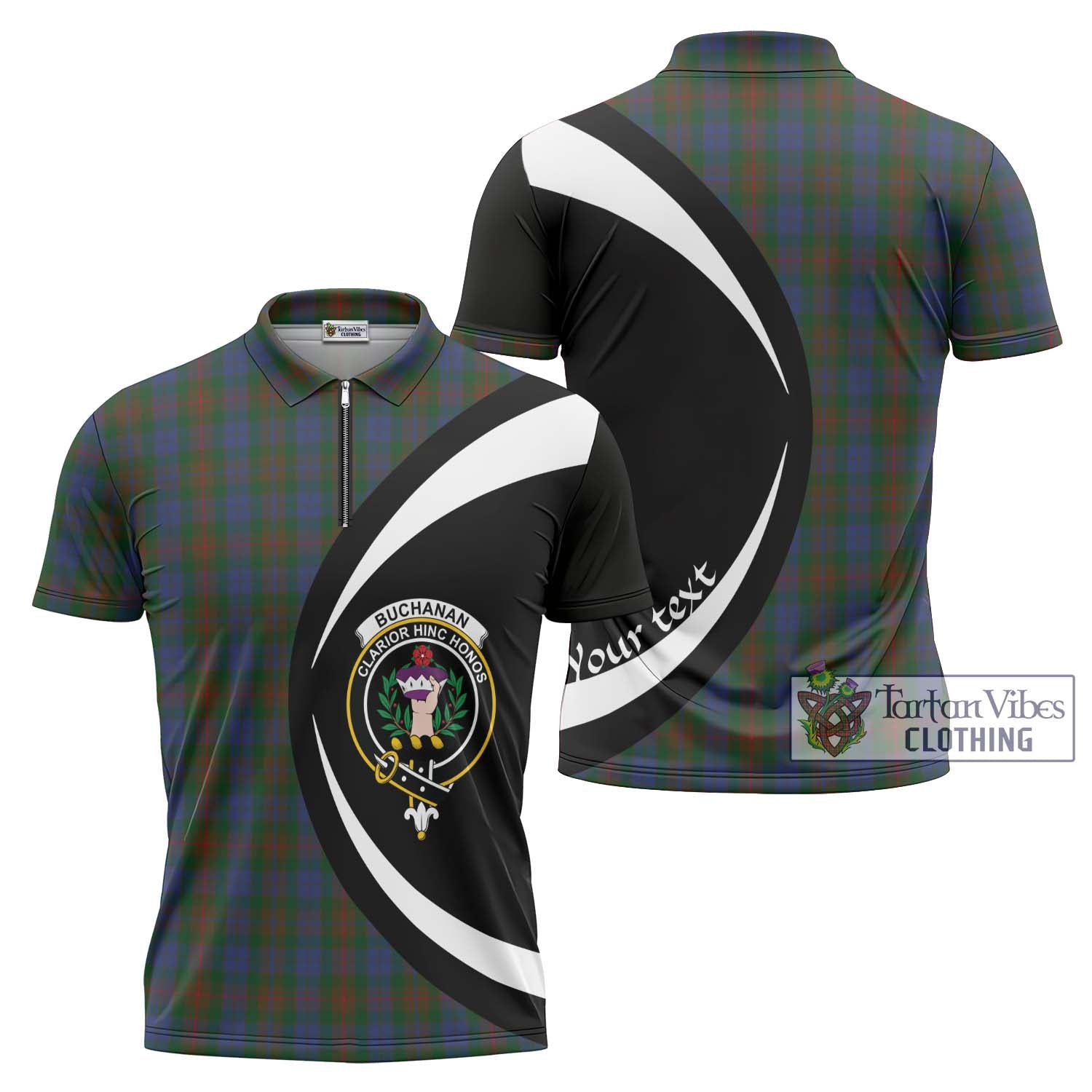 Tartan Vibes Clothing Buchanan Hunting Tartan Zipper Polo Shirt with Family Crest Circle Style