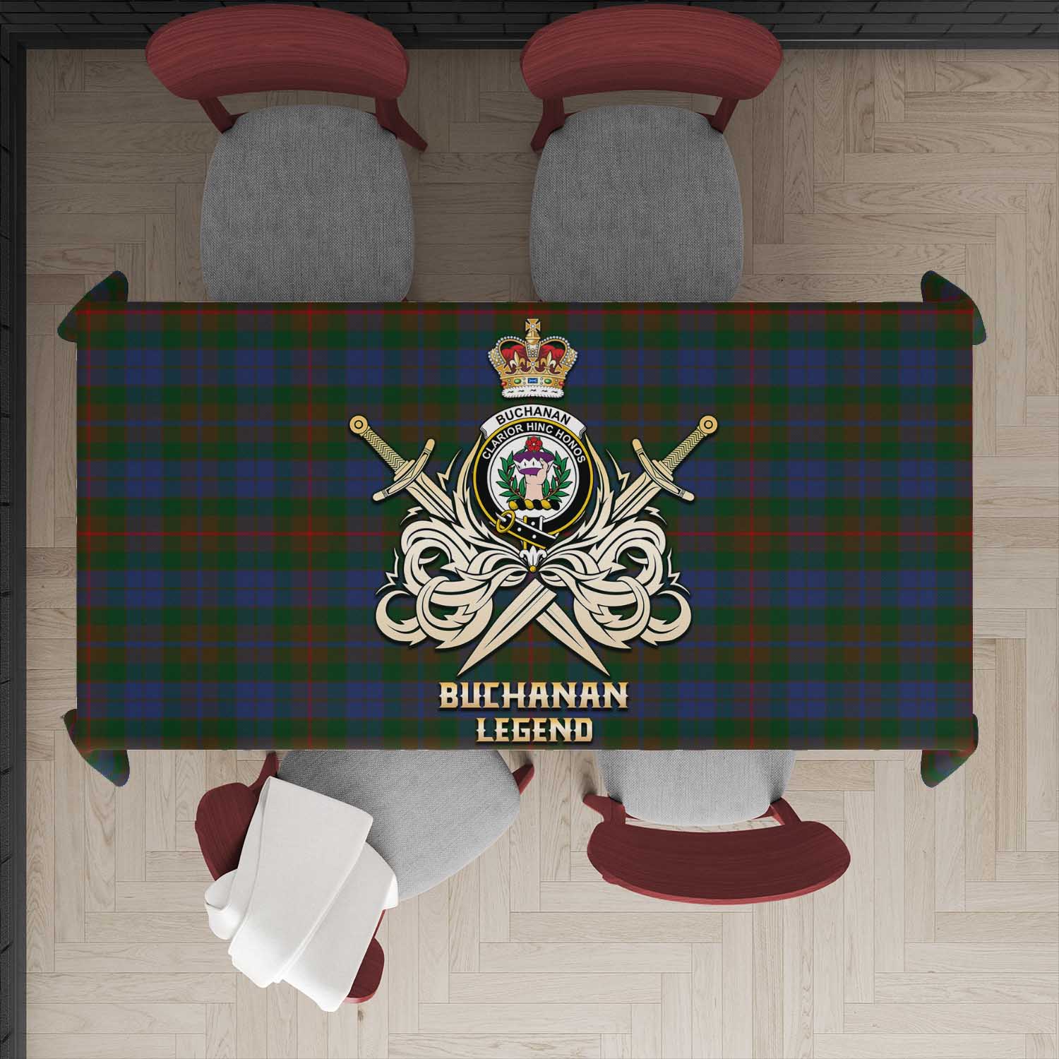 Tartan Vibes Clothing Buchanan Hunting Tartan Tablecloth with Clan Crest and the Golden Sword of Courageous Legacy