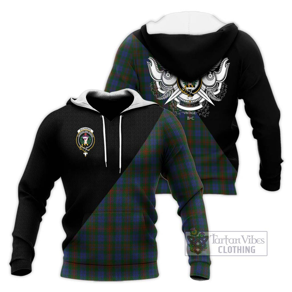 Buchanan Hunting Tartan Knitted Hoodie with Family Crest and Military Logo Style Unisex Knitted Pullover Hoodie - Tartanvibesclothing Shop