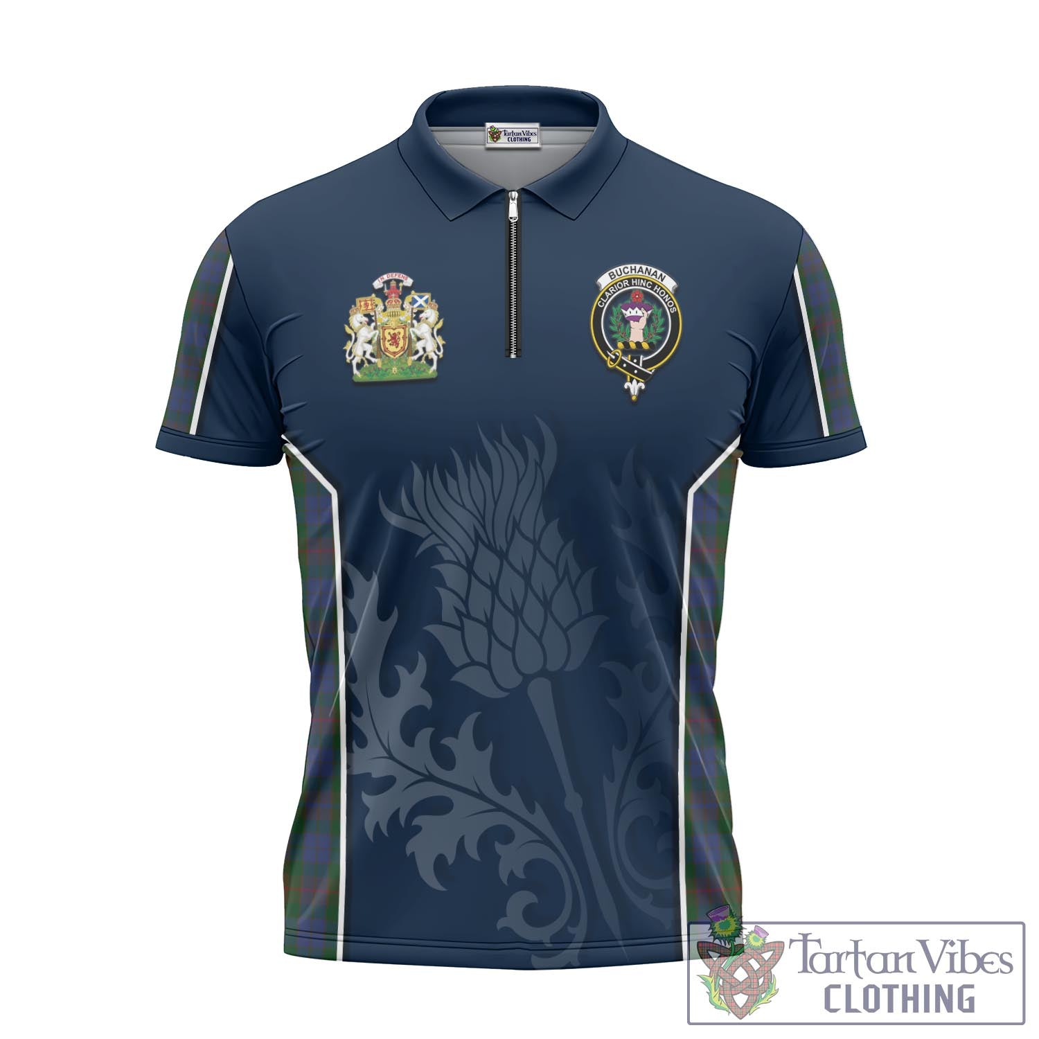 Tartan Vibes Clothing Buchanan Hunting Tartan Zipper Polo Shirt with Family Crest and Scottish Thistle Vibes Sport Style