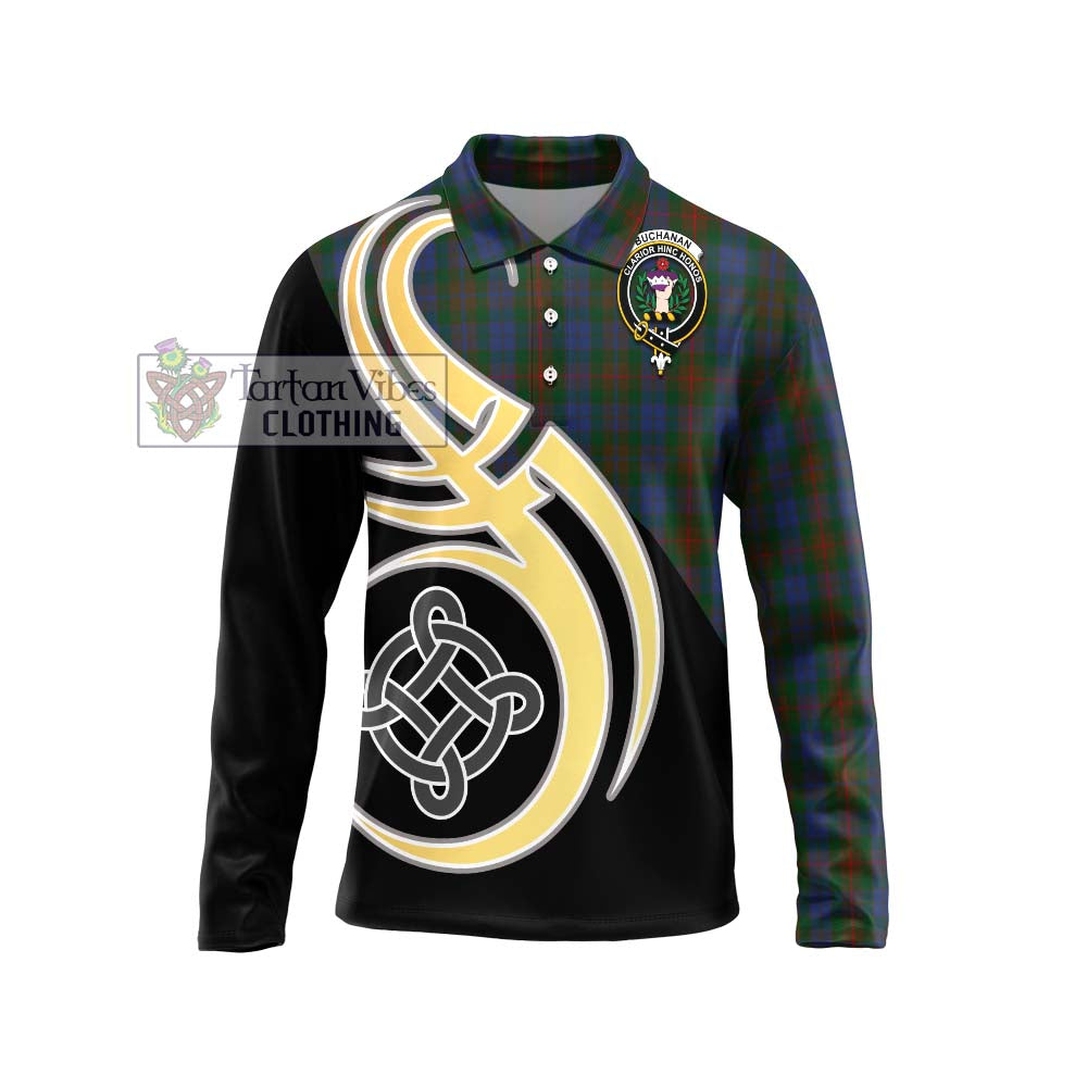 Buchanan Hunting Tartan Long Sleeve Polo Shirt with Family Crest and Celtic Symbol Style Unisex - Tartan Vibes Clothing