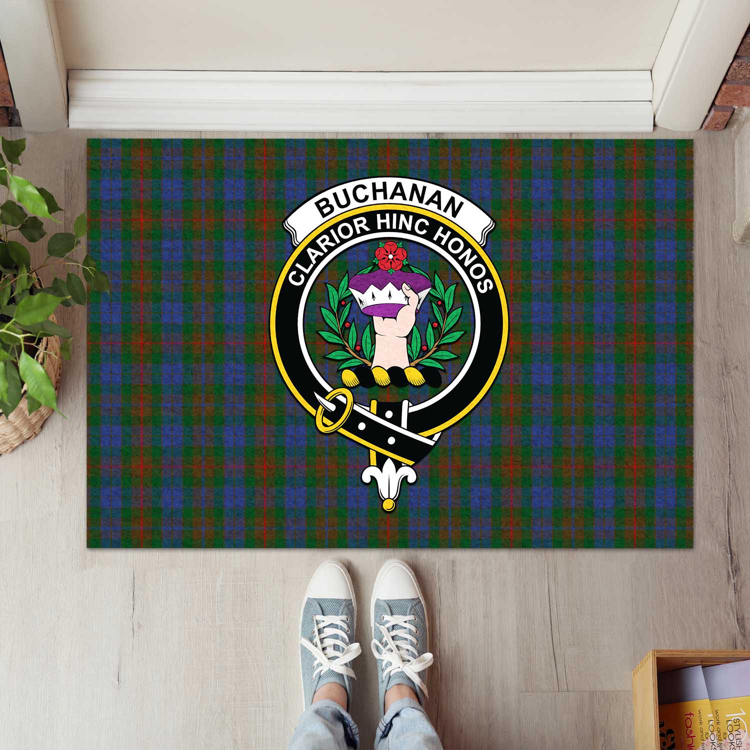 Buchanan Hunting Tartan Door Mat with Family Crest - Tartanvibesclothing