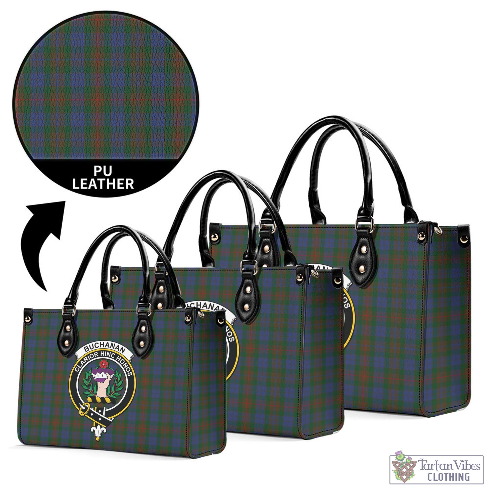 Tartan Vibes Clothing Buchanan Hunting Tartan Luxury Leather Handbags with Family Crest