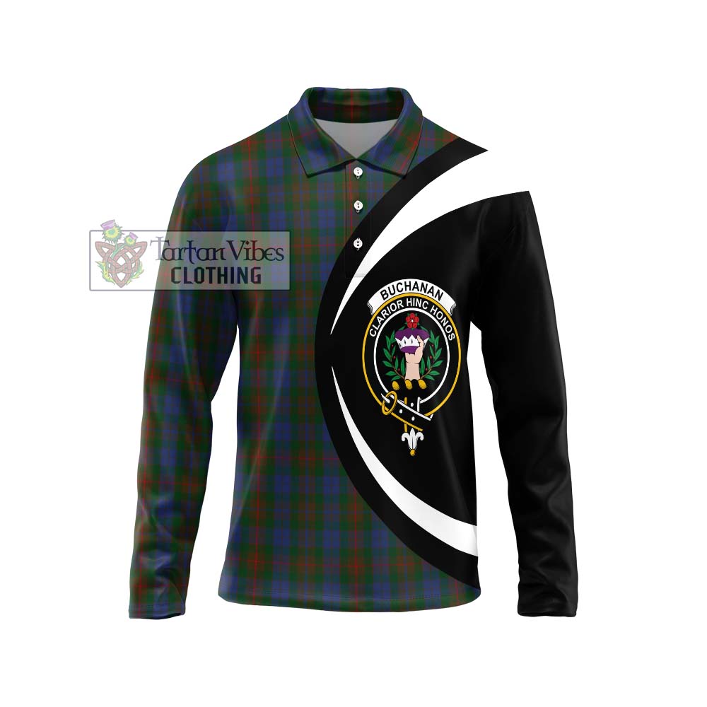 Buchanan Hunting Tartan Long Sleeve Polo Shirt with Family Crest Circle Style Unisex - Tartan Vibes Clothing