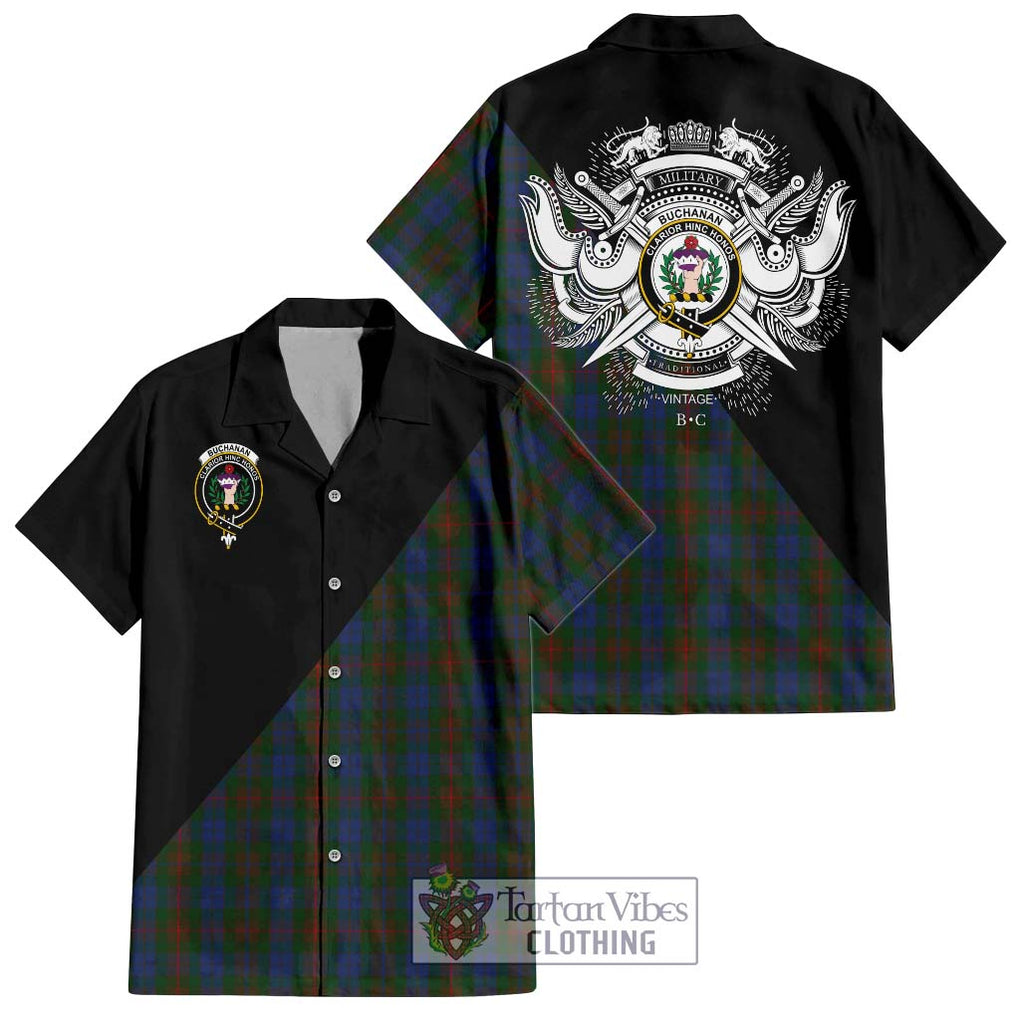 Buchanan Hunting Tartan Short Sleeve Button Shirt with Family Crest and Military Logo Style Kid - Tartanvibesclothing Shop