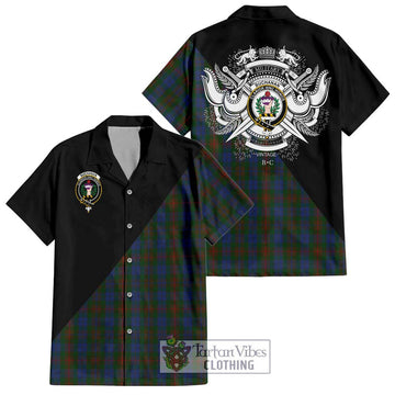 Buchanan Hunting Tartan Short Sleeve Button Shirt with Family Crest and Military Logo Style