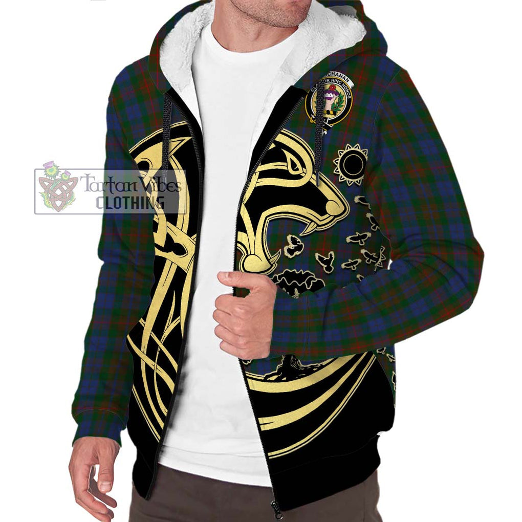 Buchanan Hunting Tartan Sherpa Hoodie with Family Crest Celtic Wolf Style Unisex S - Tartan Vibes Clothing