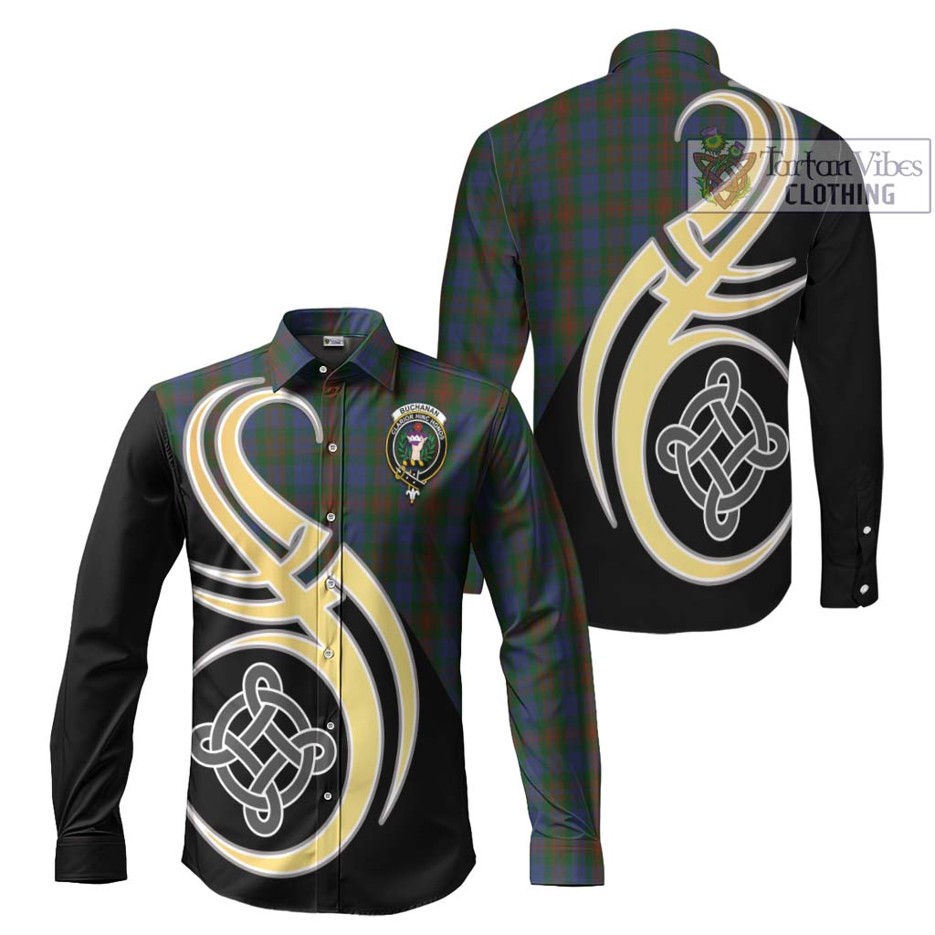 Buchanan Hunting Tartan Long Sleeve Button Shirt with Family Crest and Celtic Symbol Style Men's Shirt S - Tartan Vibes Clothing