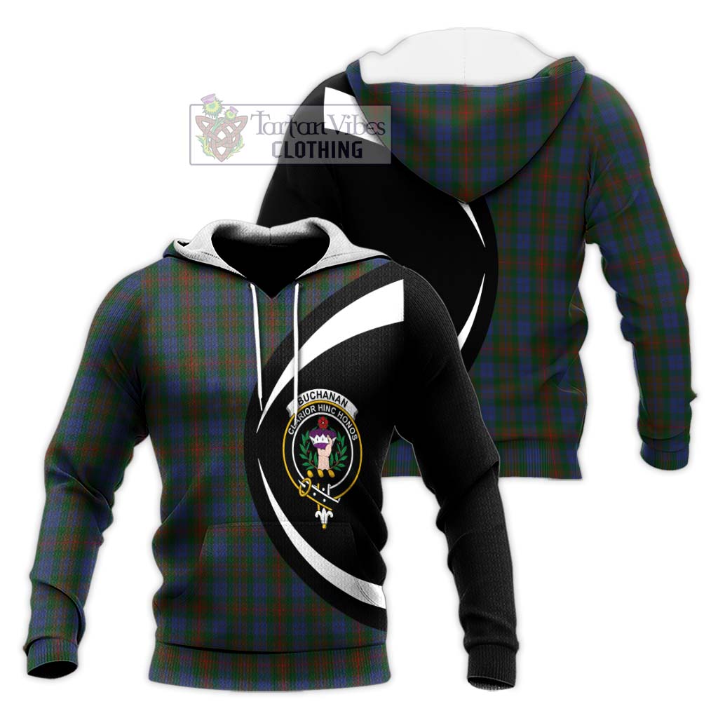 Buchanan Hunting Tartan Knitted Hoodie with Family Crest Circle Style Unisex Knitted Pullover Hoodie - Tartan Vibes Clothing