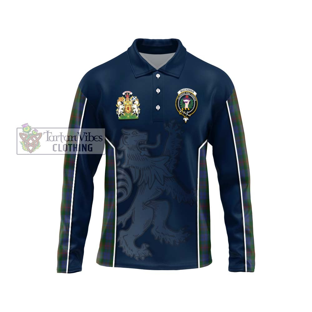 Buchanan Hunting Tartan Long Sleeve Polo Shirt with Family Crest and Lion Rampant Vibes Sport Style Unisex - Tartan Vibes Clothing