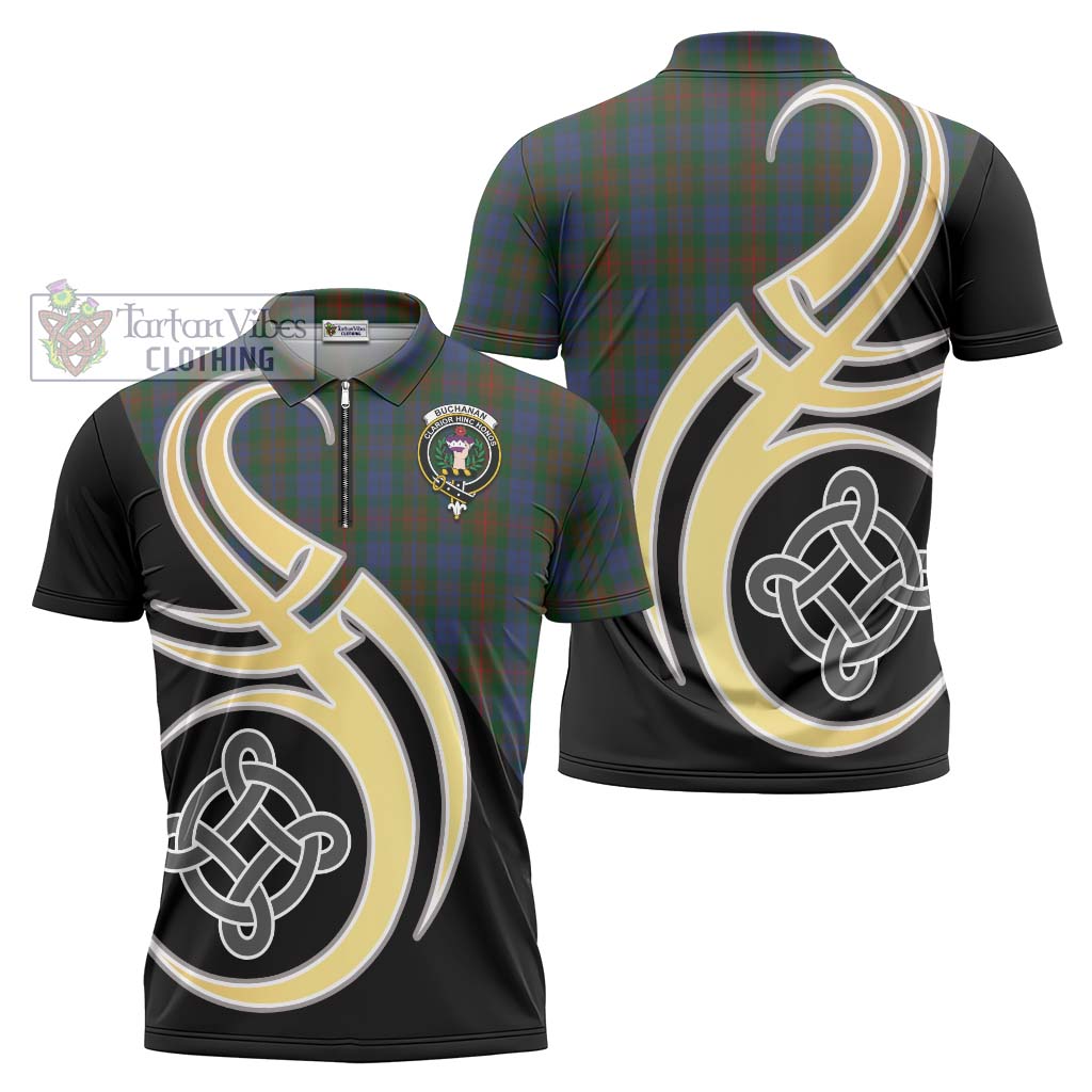 Tartan Vibes Clothing Buchanan Hunting Tartan Zipper Polo Shirt with Family Crest and Celtic Symbol Style