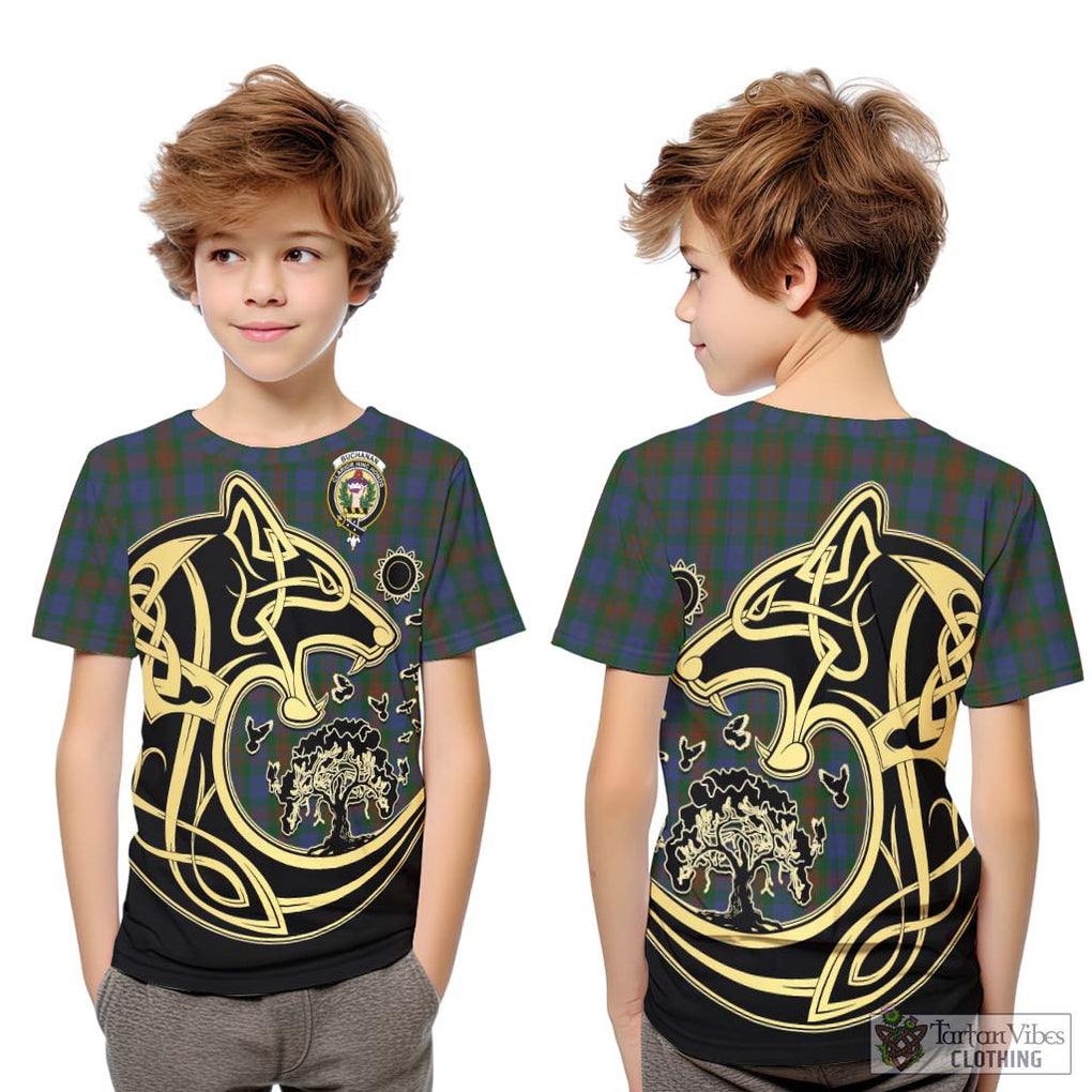 Buchanan Hunting Tartan Kid T-Shirt with Family Crest Celtic Wolf Style Youth XL Size14 - Tartan Vibes Clothing