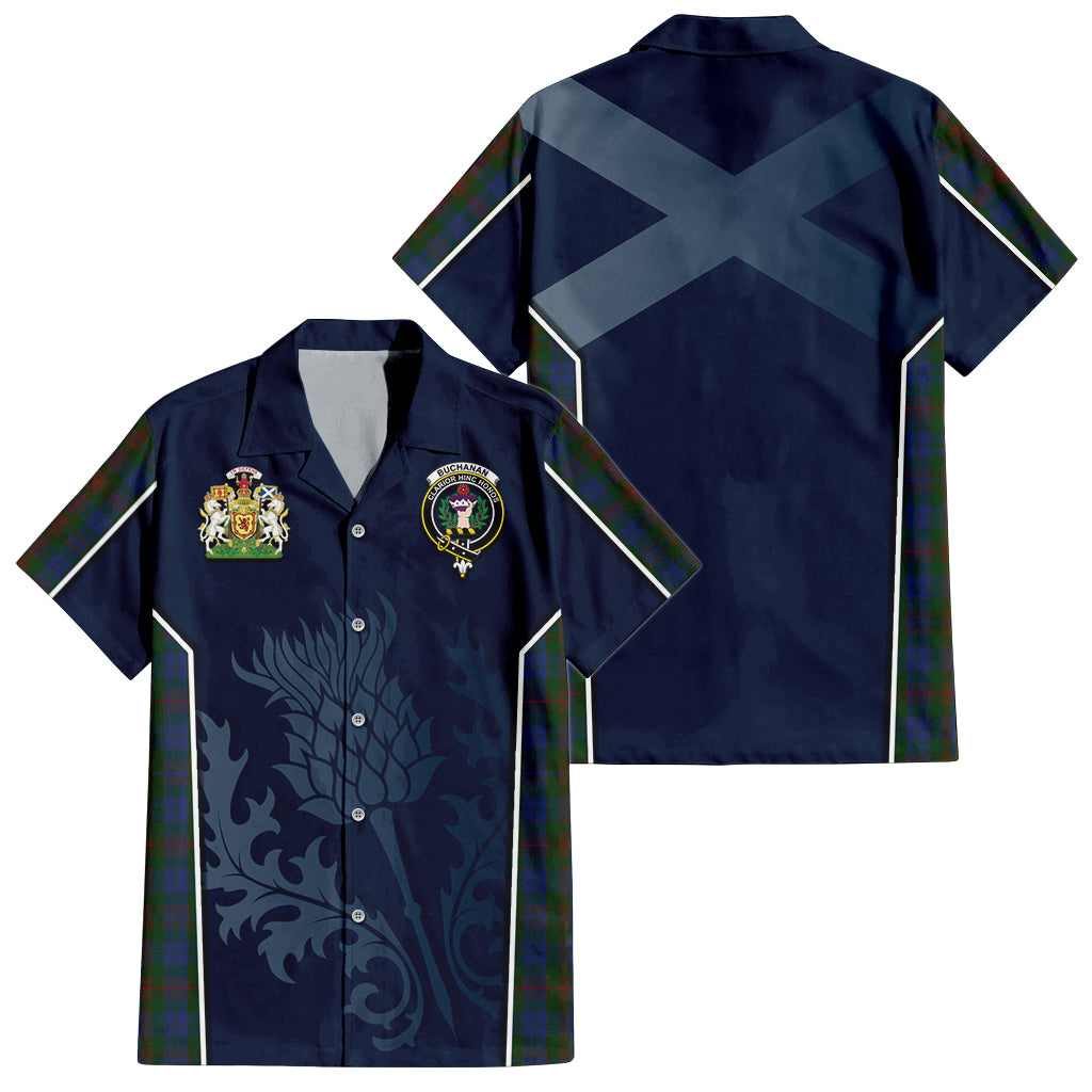 Tartan Vibes Clothing Buchanan Hunting Tartan Short Sleeve Button Up Shirt with Family Crest and Scottish Thistle Vibes Sport Style