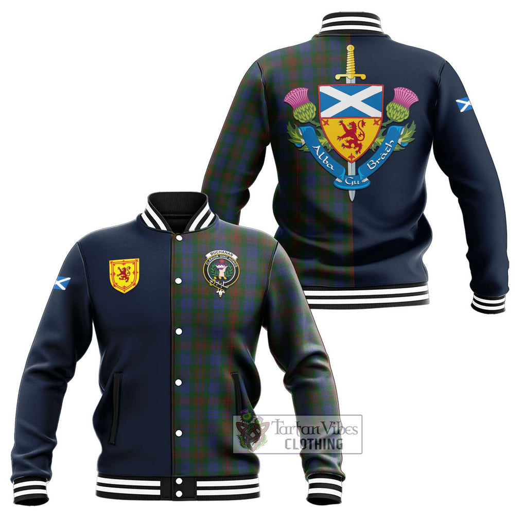 Tartan Vibes Clothing Buchanan Hunting Tartan Baseball Jacket with Scottish Lion Royal Arm Half Style