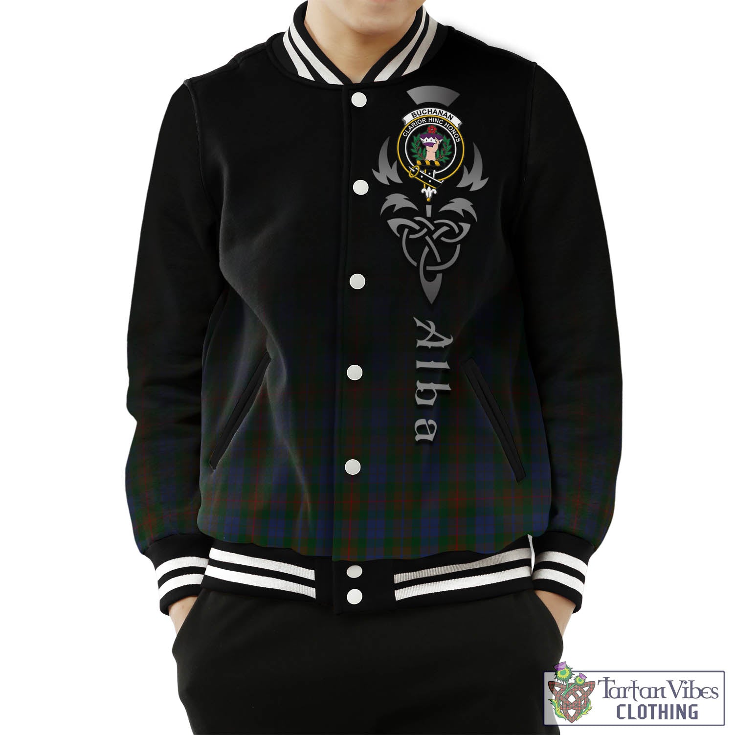 Tartan Vibes Clothing Buchanan Hunting Tartan Baseball Jacket Featuring Alba Gu Brath Family Crest Celtic Inspired