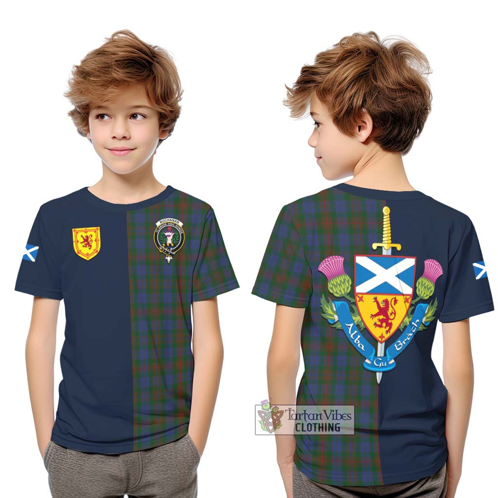 Tartan Vibes Clothing Buchanan Hunting Tartan Kid T-Shirt with Scottish Lion Royal Arm Half Style