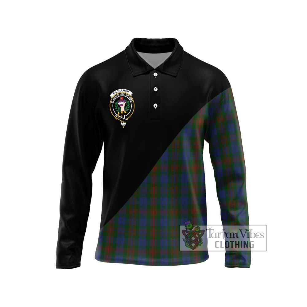 Buchanan Hunting Tartan Long Sleeve Polo Shirt with Family Crest and Military Logo Style Unisex - Tartanvibesclothing Shop