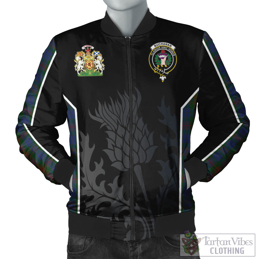 Tartan Vibes Clothing Buchanan Hunting Tartan Bomber Jacket with Family Crest and Scottish Thistle Vibes Sport Style