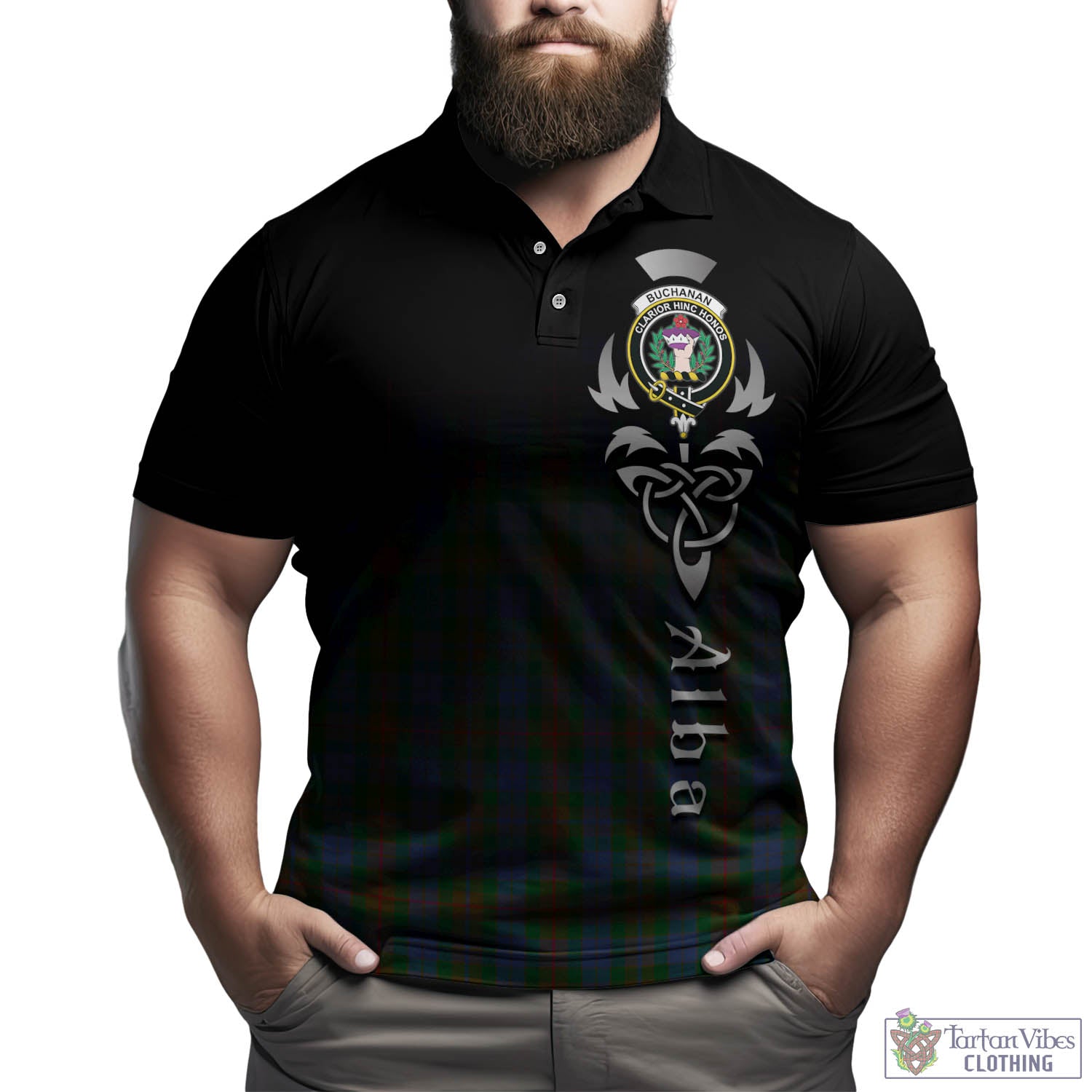 Tartan Vibes Clothing Buchanan Hunting Tartan Polo Shirt Featuring Alba Gu Brath Family Crest Celtic Inspired