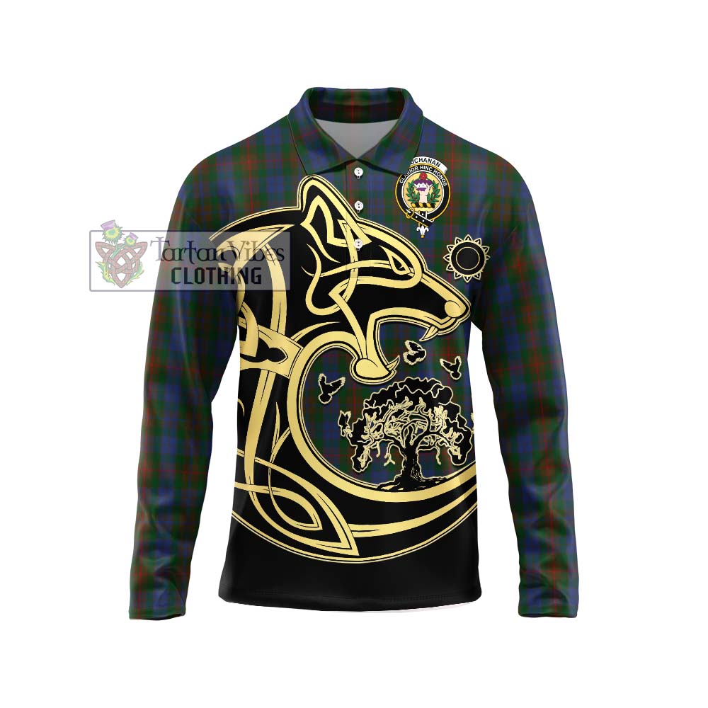 Buchanan Hunting Tartan Long Sleeve Polo Shirt with Family Crest Celtic Wolf Style Unisex - Tartanvibesclothing Shop