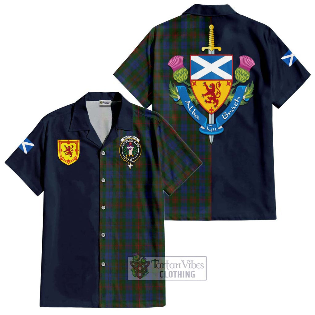 Tartan Vibes Clothing Buchanan Hunting Tartan Short Sleeve Button Shirt with Scottish Lion Royal Arm Half Style