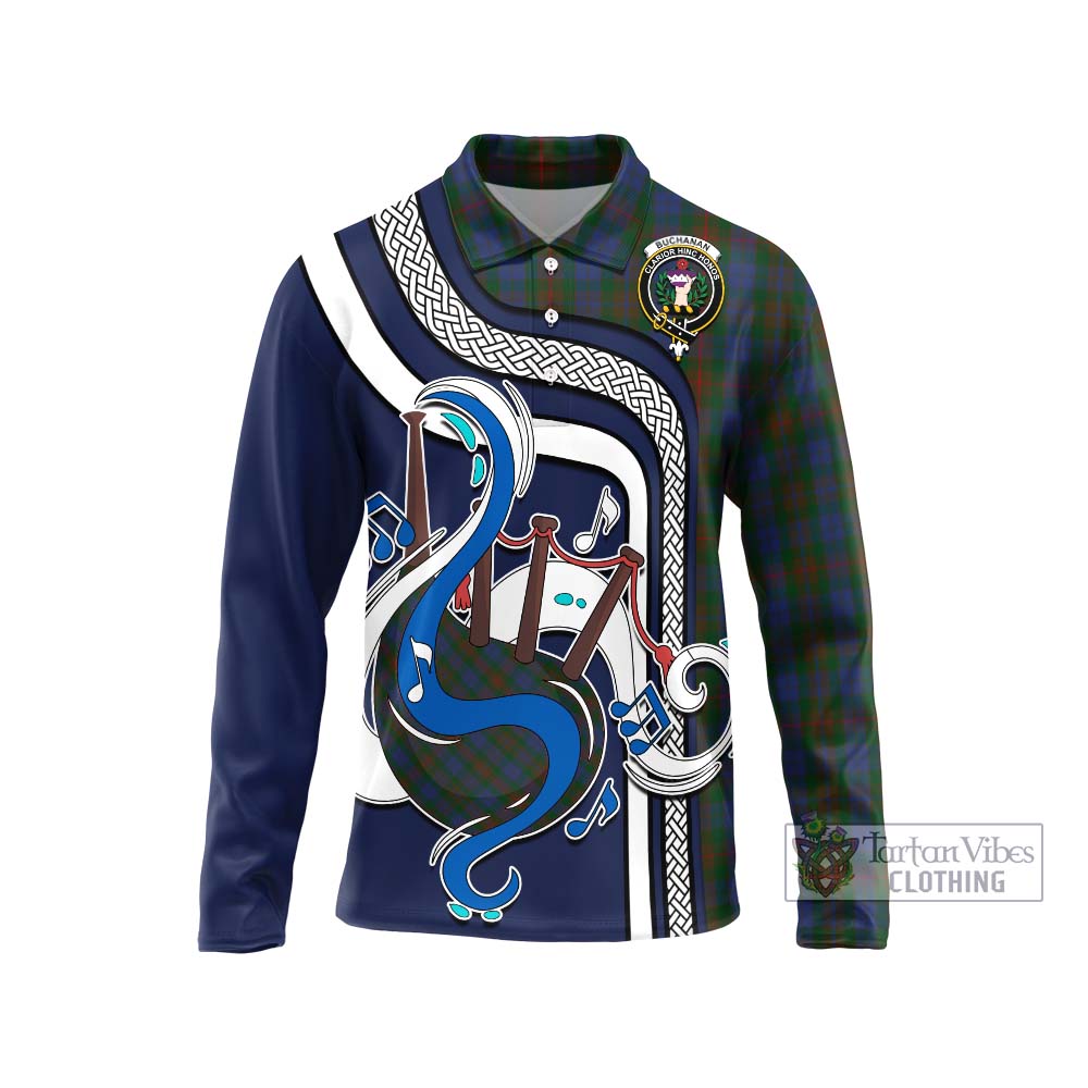 Tartan Vibes Clothing Buchanan Hunting Tartan Long Sleeve Polo Shirt with Epic Bagpipe Style