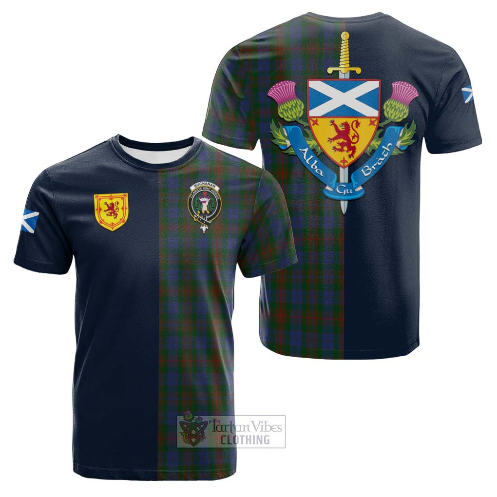 Tartan Vibes Clothing Buchanan Hunting Tartan Cotton T-shirt with Scottish Lion Royal Arm Half Style