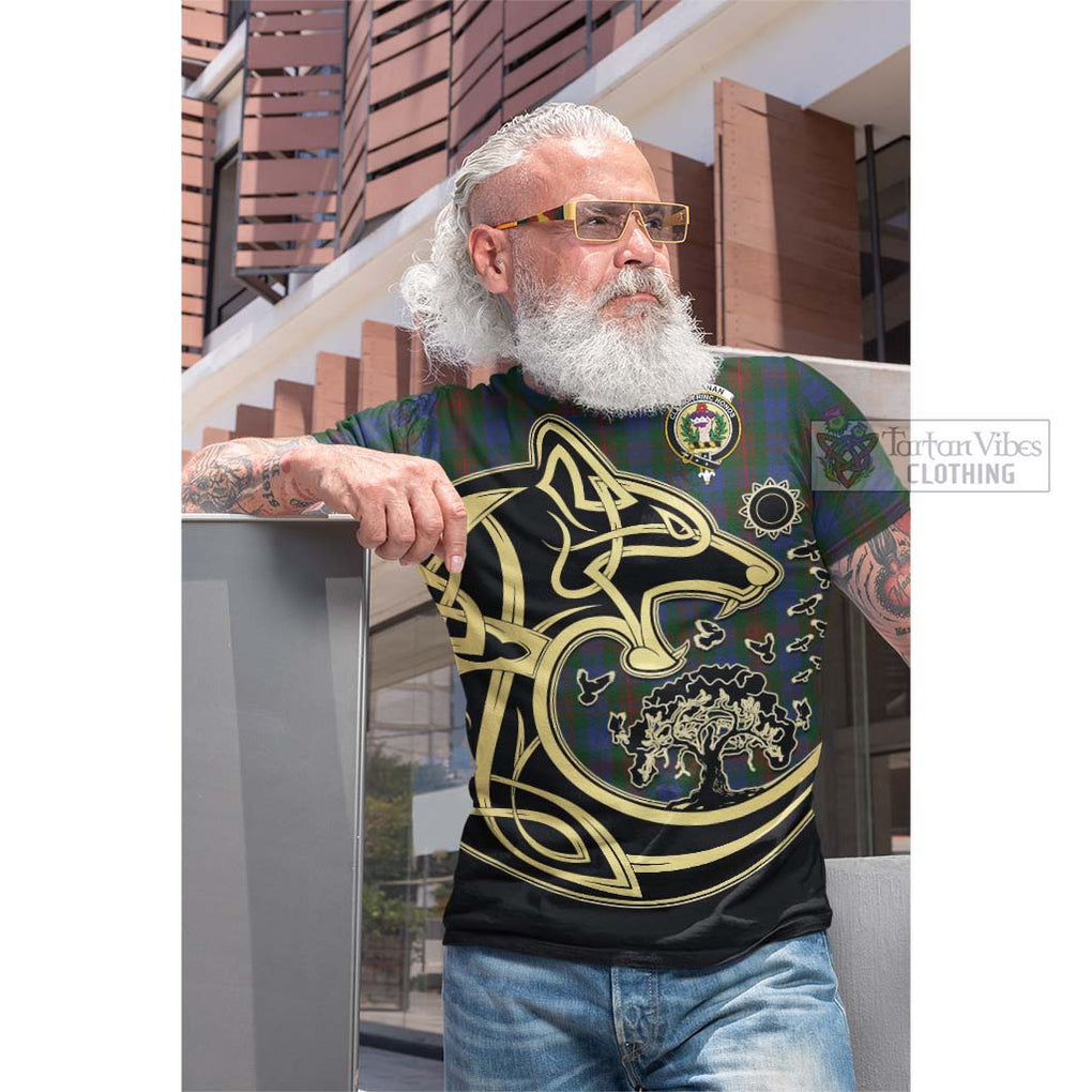 Tartan Vibes Clothing Buchanan Hunting Tartan Cotton T-shirt with Family Crest Celtic Wolf Style